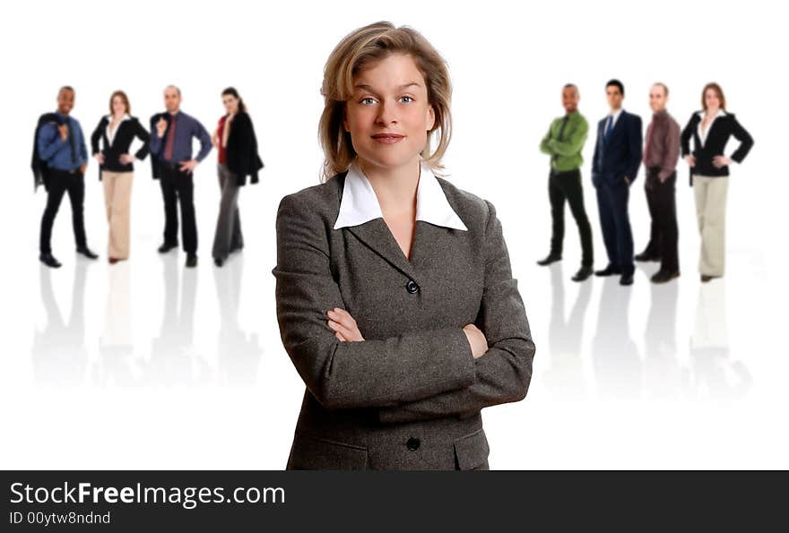 Woman in a grey jacket with her business team. Woman in a grey jacket with her business team