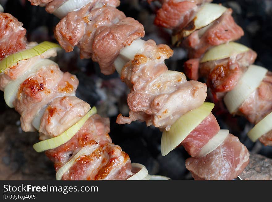 Preparing kebab at outdoors picnic using. Preparing kebab at outdoors picnic using