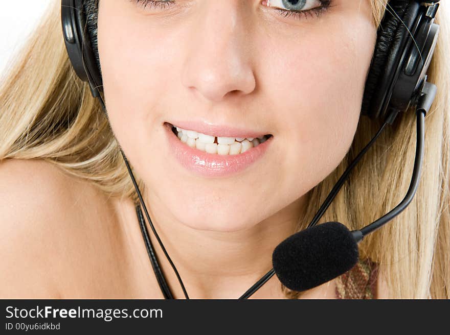 Smiling business woman with microphone.