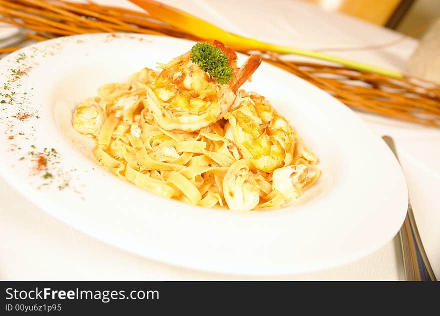 Seafood pasta with jumbo shrimp and fish