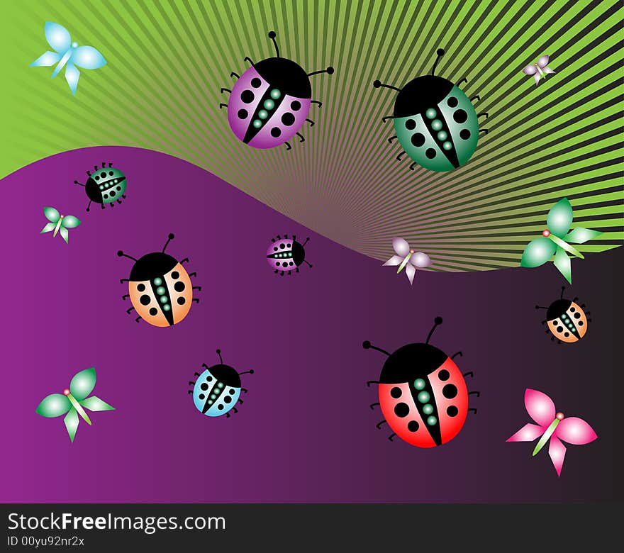 Abstract background with sunbeams, colored ladybirds and butterflies