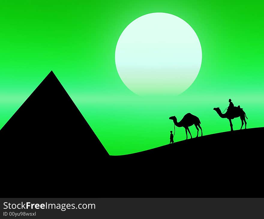 Hot landscape as this desert sunset with camels on the background