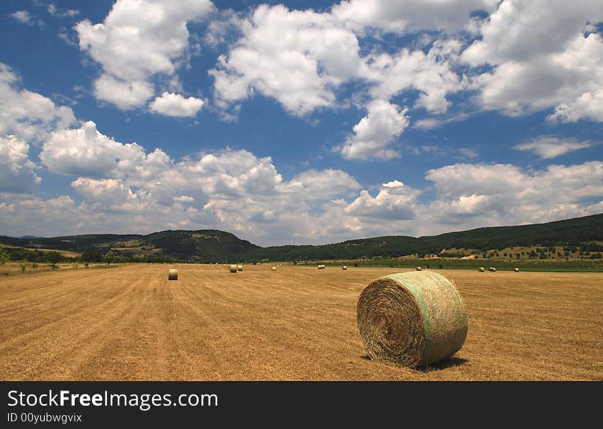 Hay bale with beautiful blue sky, Bulgaria