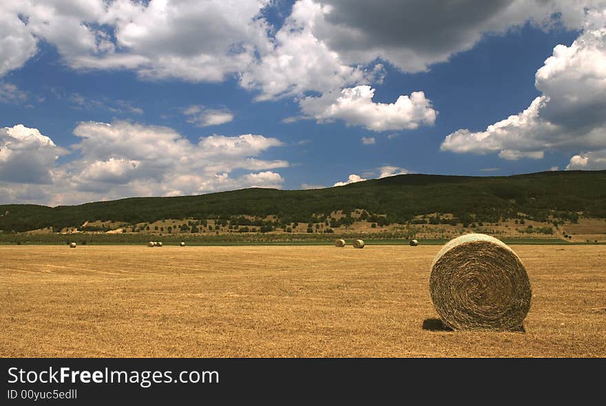 Hay bale with beautiful blue sky, Bulgaria