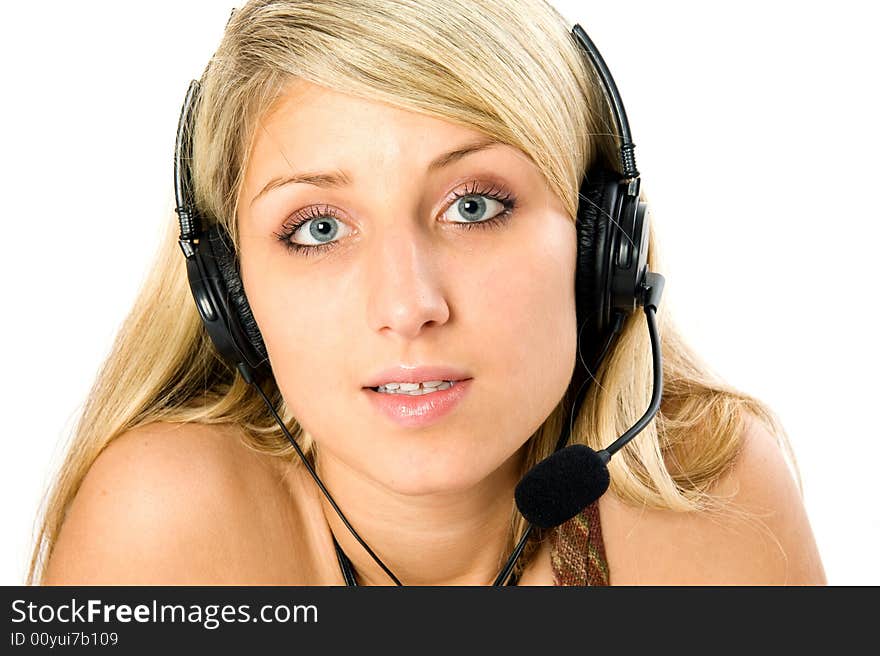 Smiling business woman with microphone. Over white