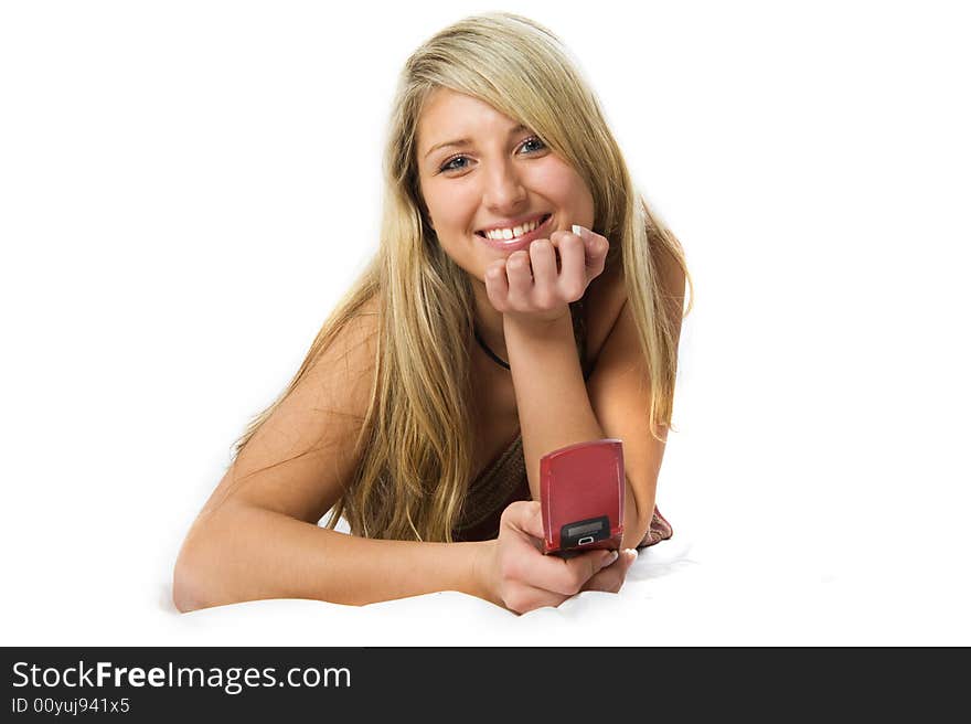 Young business woman lying on floor and talking by phone. Young business woman lying on floor and talking by phone.