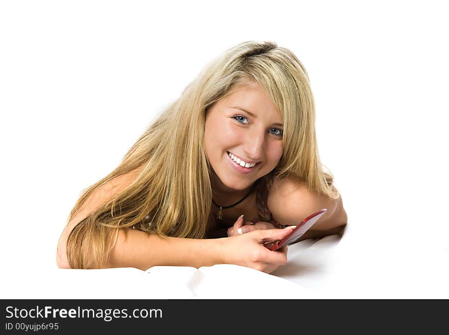 Young business woman lying on floor and talking by phone. Young business woman lying on floor and talking by phone.