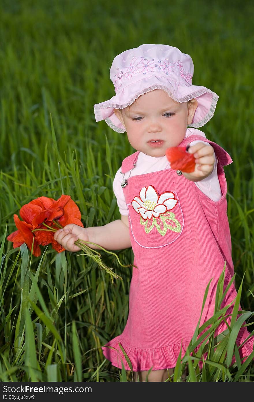 An image of baby amongst field with flowers. An image of baby amongst field with flowers