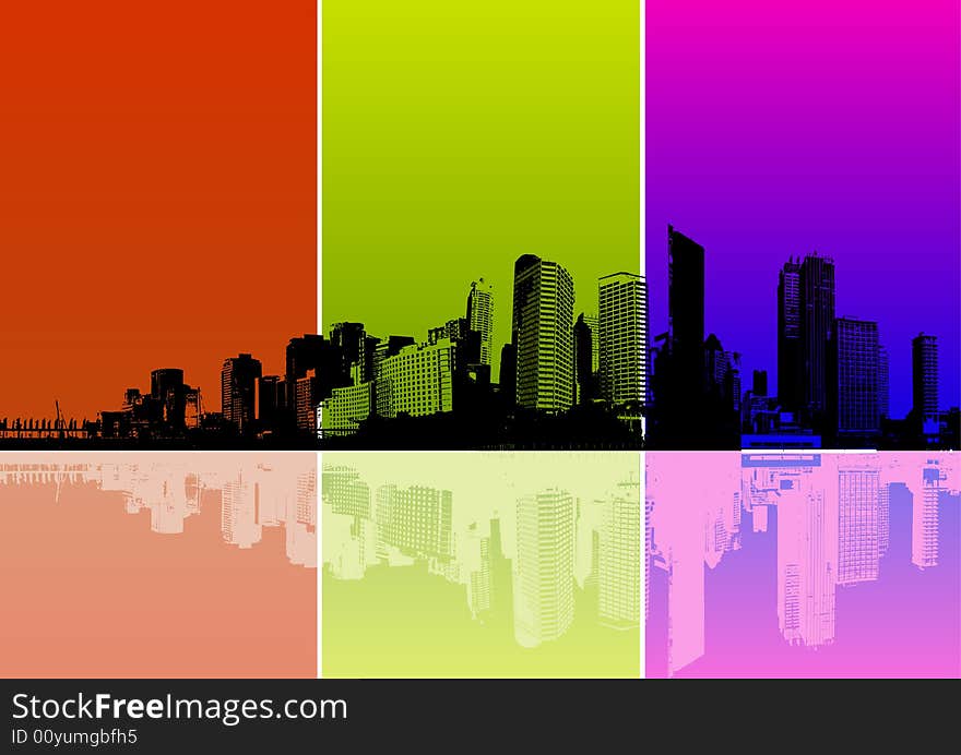 Panorama of city with colored strips. Vector