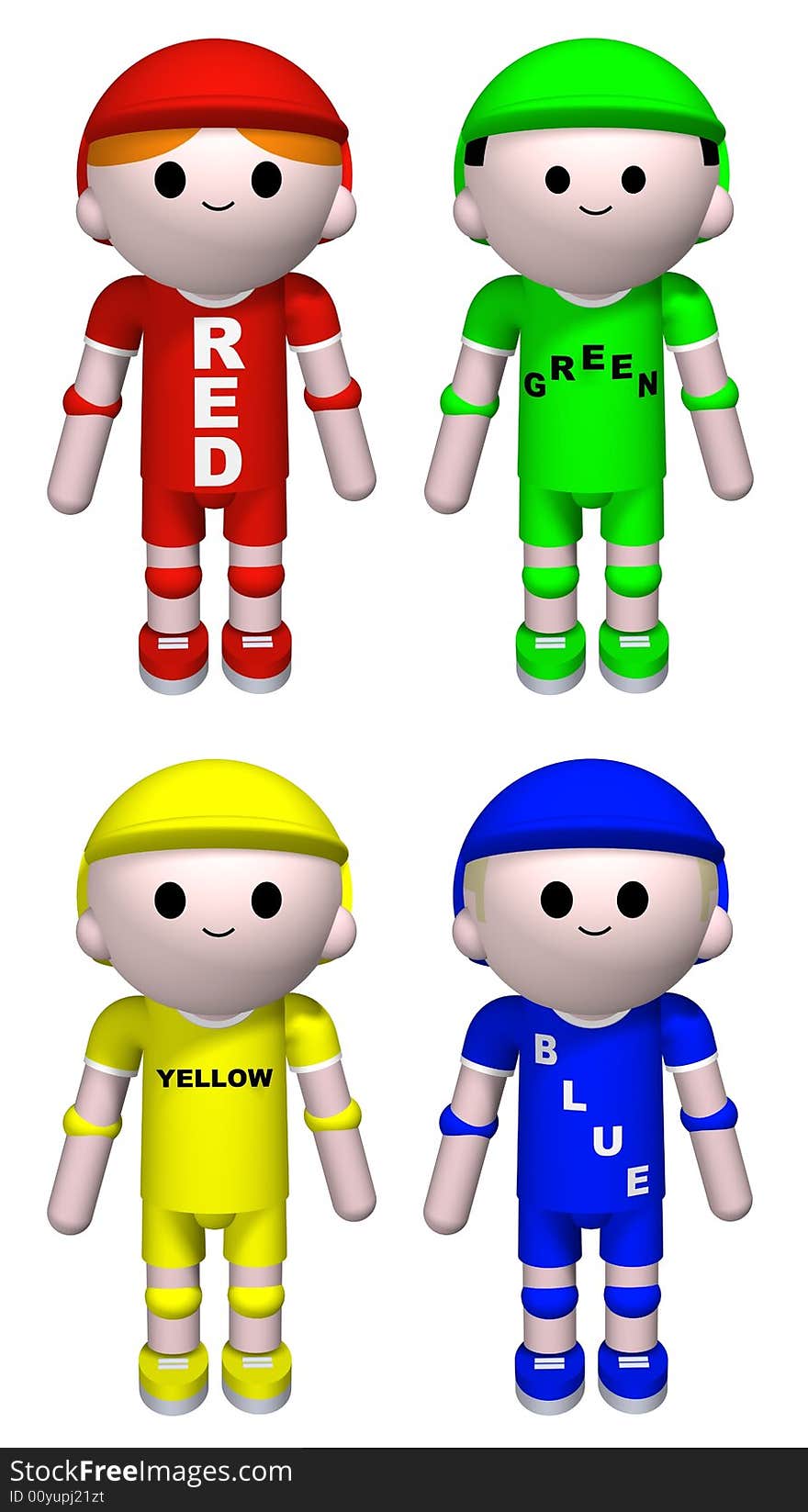 Illustration of four characters each dressed in one color with the colors word printed on their shirts. Illustration of four characters each dressed in one color with the colors word printed on their shirts