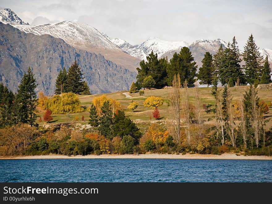 Autumn colors at Lake Wakatipu and the Remarkables, Central Otago, New Zealand, near Queenstown. Autumn colors at Lake Wakatipu and the Remarkables, Central Otago, New Zealand, near Queenstown