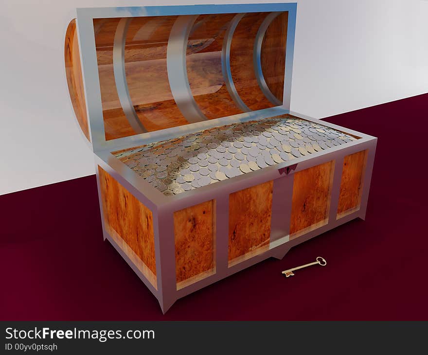 Chest filled by precious coins, 3D render. Chest filled by precious coins, 3D render