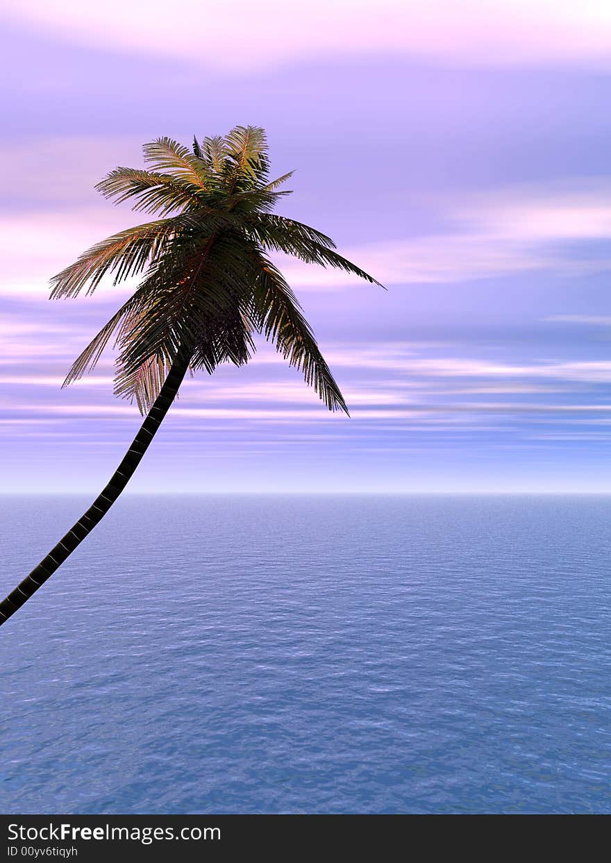 Coconut palm and blue sky with clouds - 3D scene.