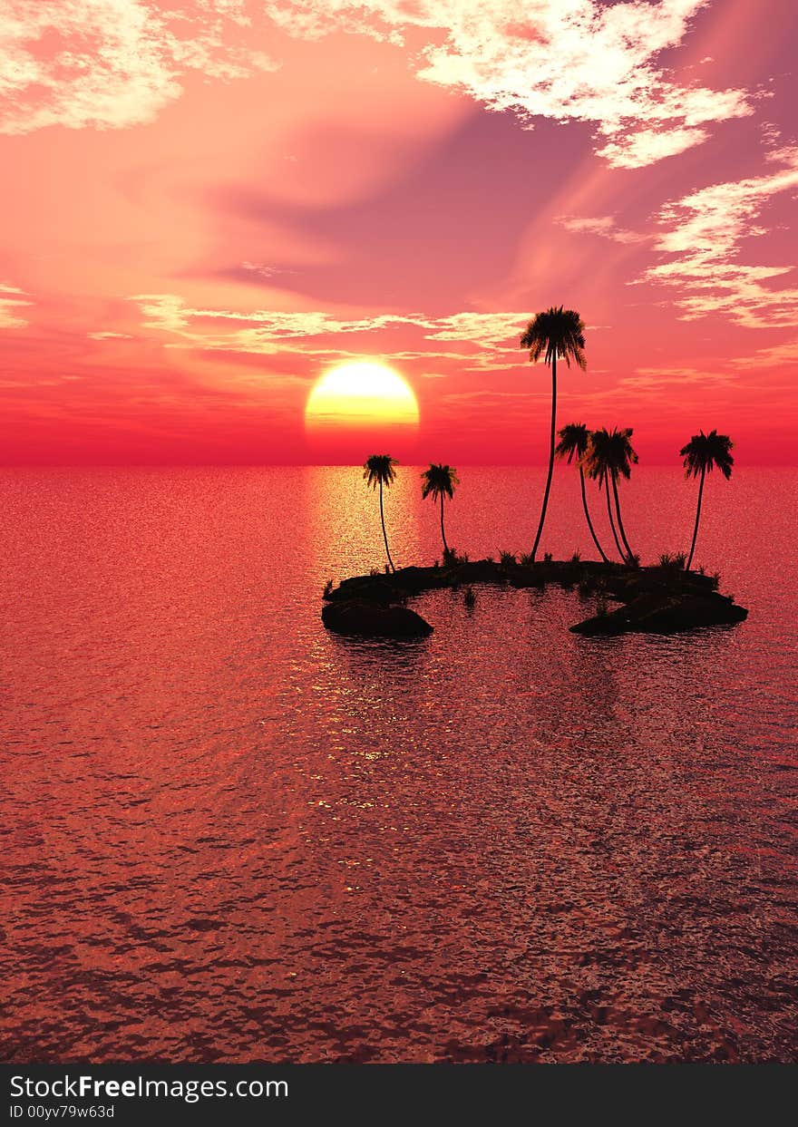 Sunset coconut palm trees on small island - 3d illustration.