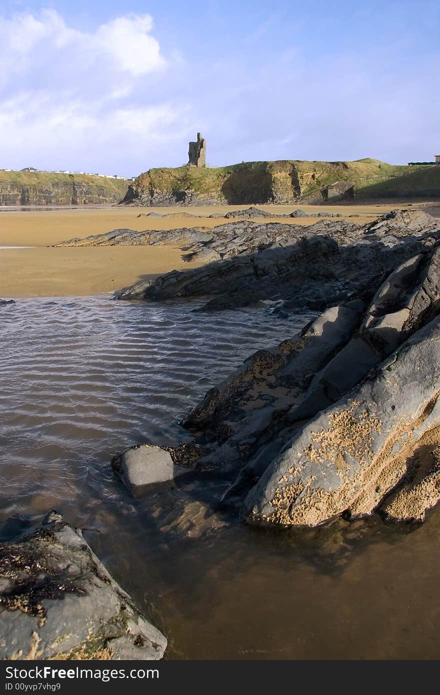 A rocky beach on a warm day with a calm sea an ideal place to have a walk in ireland. A rocky beach on a warm day with a calm sea an ideal place to have a walk in ireland