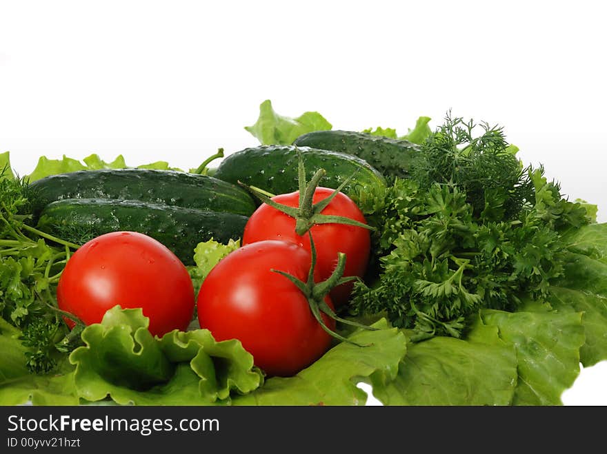 Gifts of the nature. Tomatoes, cucumbers, greens - fresh vegetables.