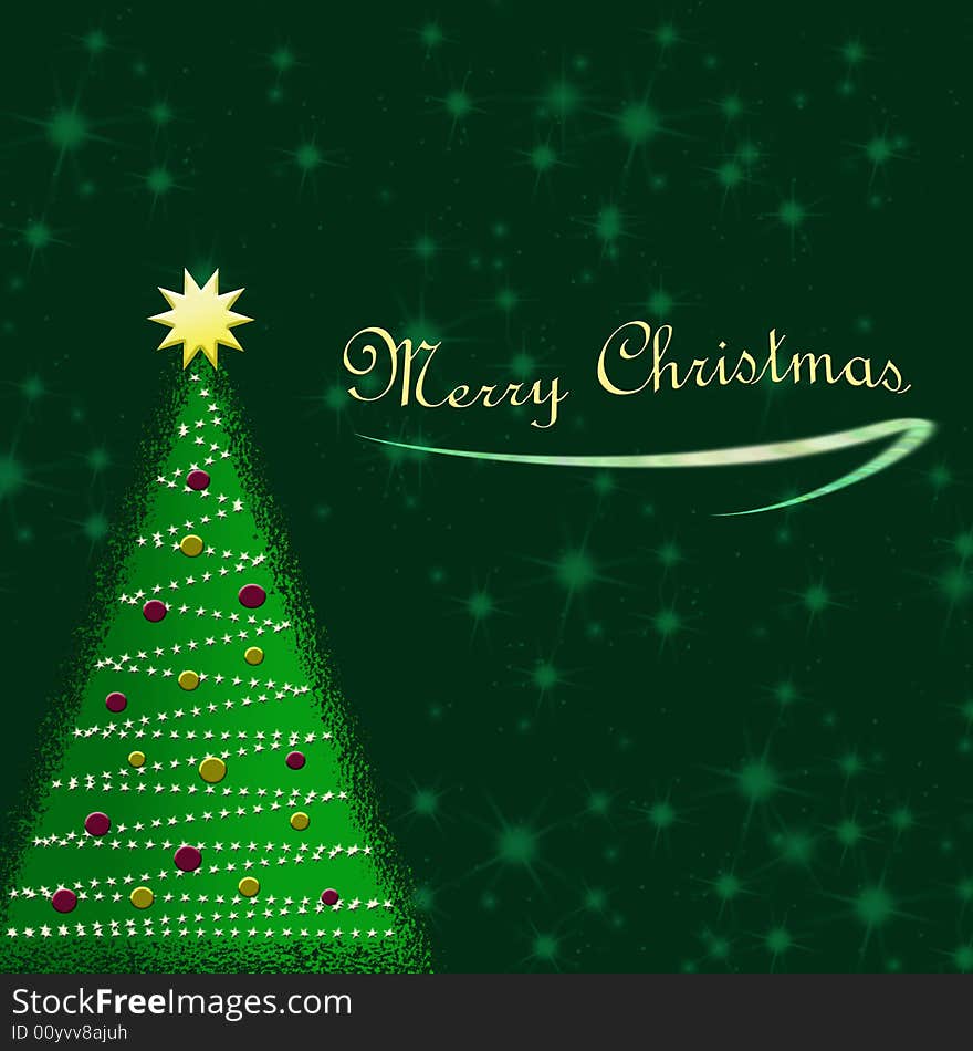 Christmas Illustration with abstract Christmas Tree of Stars and ornaments and a green abstract starry background. Type has gold letting. Christmas Illustration with abstract Christmas Tree of Stars and ornaments and a green abstract starry background. Type has gold letting.