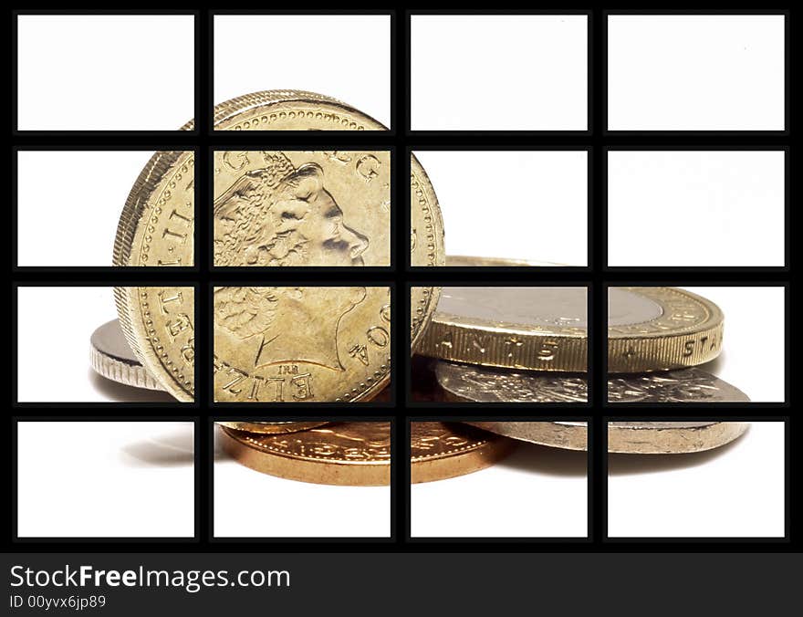 Rectangular pattern of UK coins on black