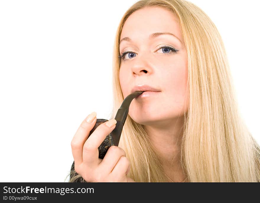 Portrait of the beautiful blond woman with tobacco-pipe