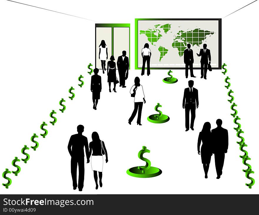 Illustration of business people, map and dollar