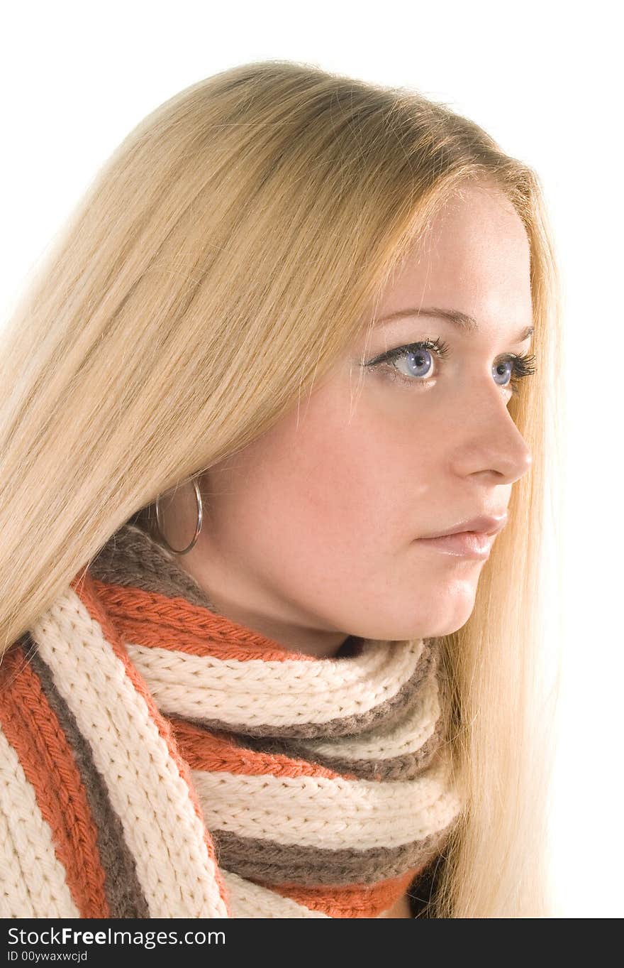 Blond woman in a scarf on white.Close up