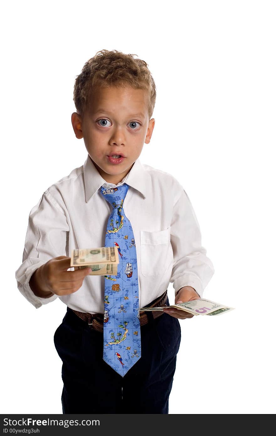 Young boy dressed as businessman holds money - isolated on white