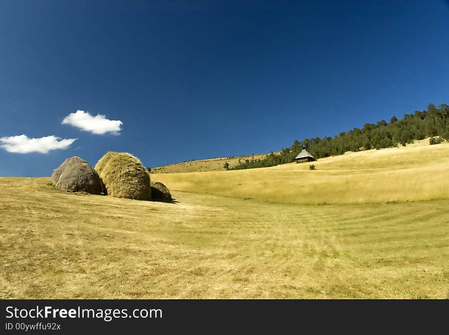 Several hay stacks on field with wooden house