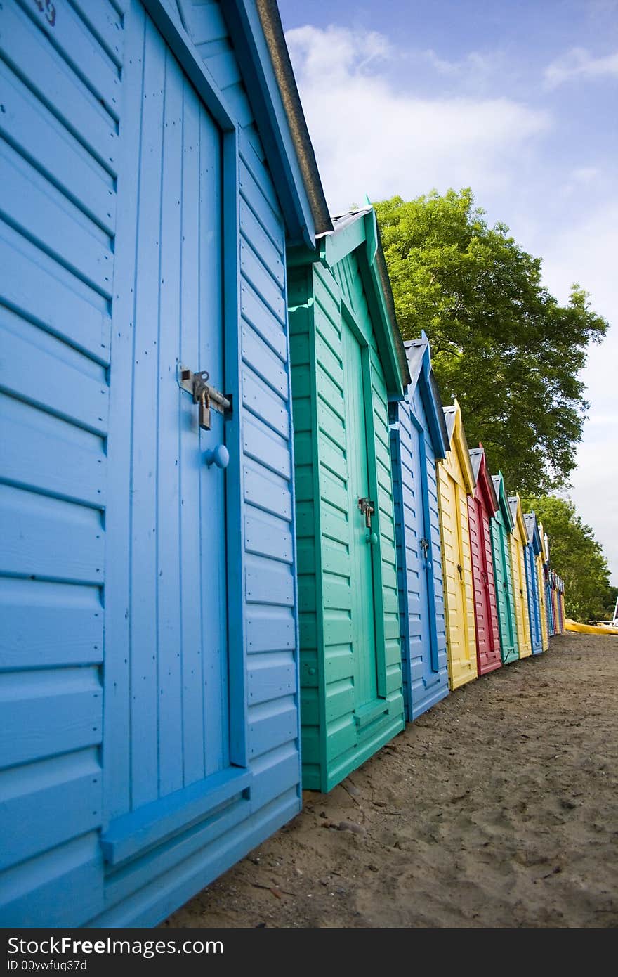 Colourful wooden british beach huts