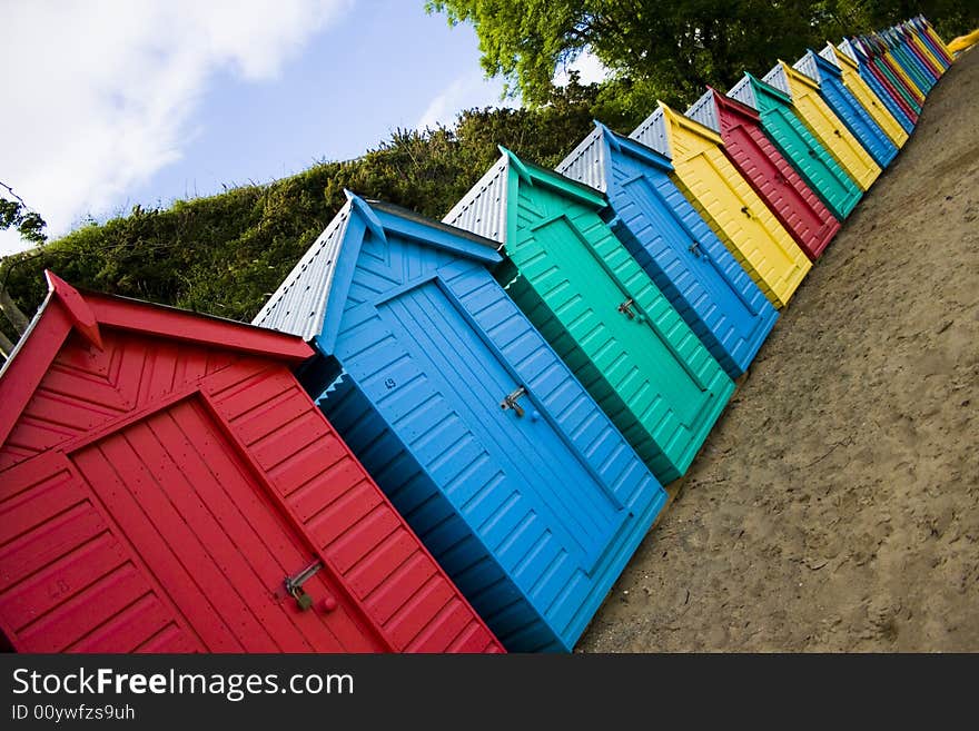 Colourful wooden british beach huts