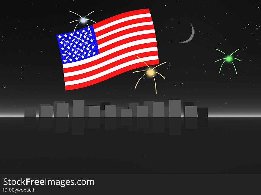 American flag over city scape with star bursts and moon. American flag over city scape with star bursts and moon