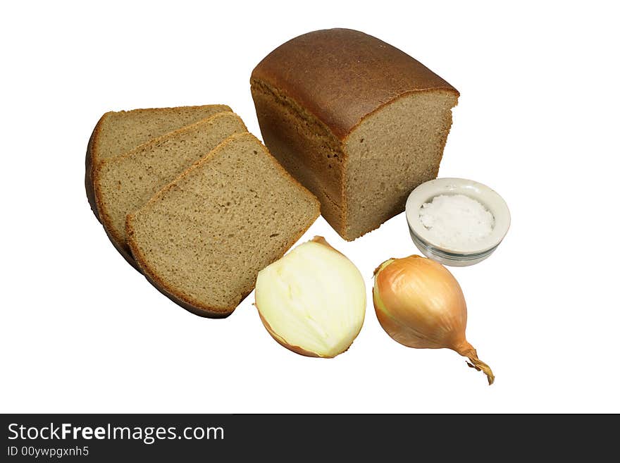 Rye bread with a napiform crude onions and salt in a saltcellar on a white background. Rye bread with a napiform crude onions and salt in a saltcellar on a white background.