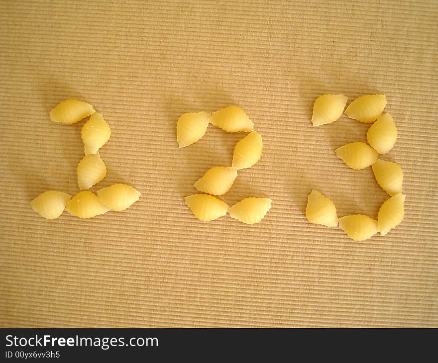 1,2,3 symbols made by pasta shell for numbering