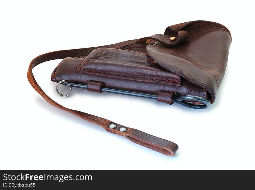 Old brown leather military holster on overwhite background. Old brown leather military holster on overwhite background.