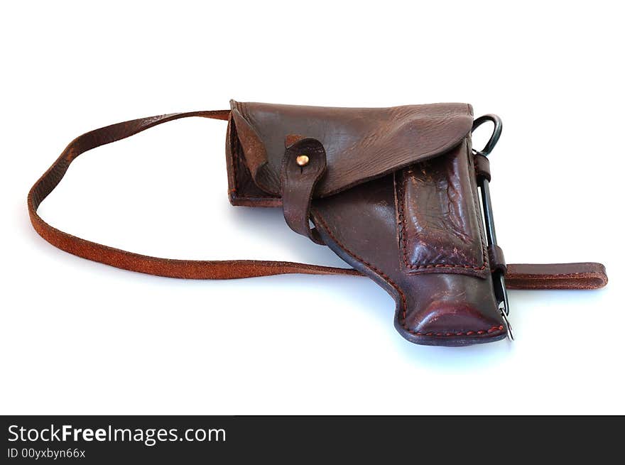 Old brown leather military holster on overwhite background. Old brown leather military holster on overwhite background.