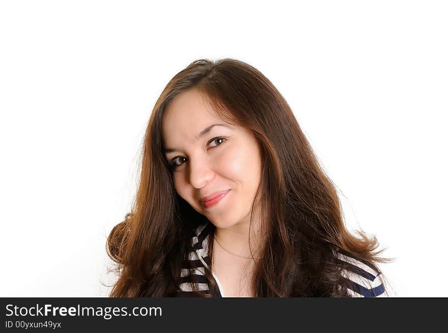 The smiling girl with long dark hair