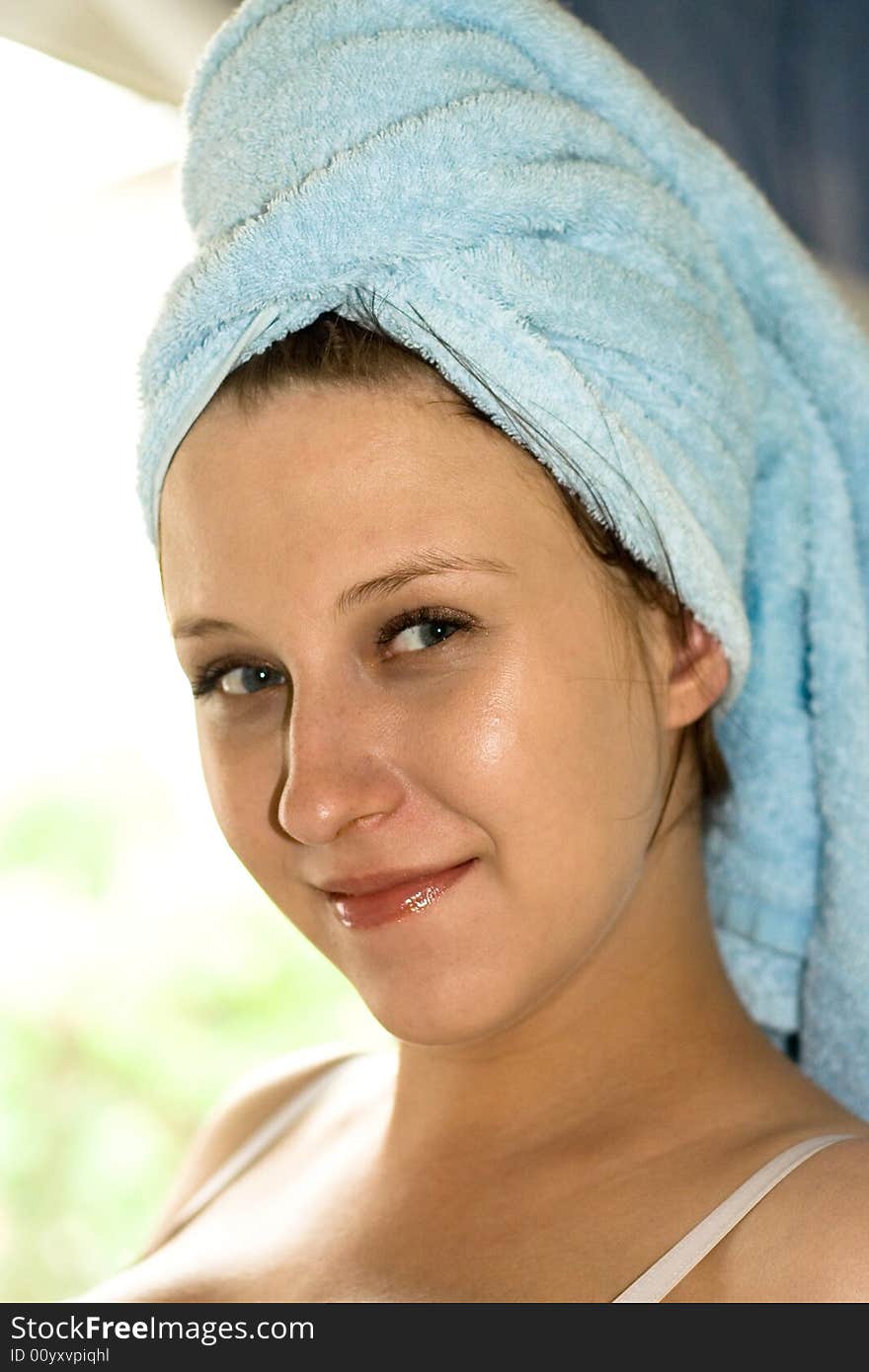 Woman with towel on head. Woman with towel on head