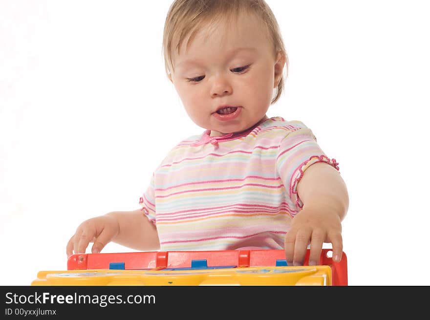 Happy baby girl on white background