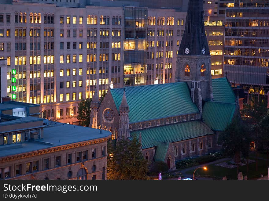 A church in the city at dusk. A church in the city at dusk