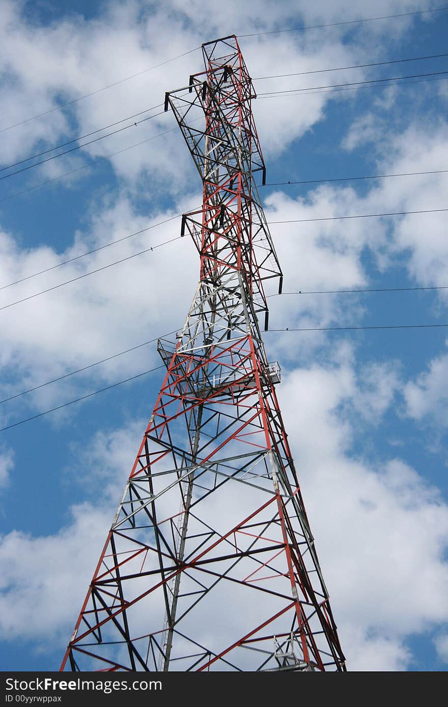 Red and white hydro electric tower with sky as background. Red and white hydro electric tower with sky as background