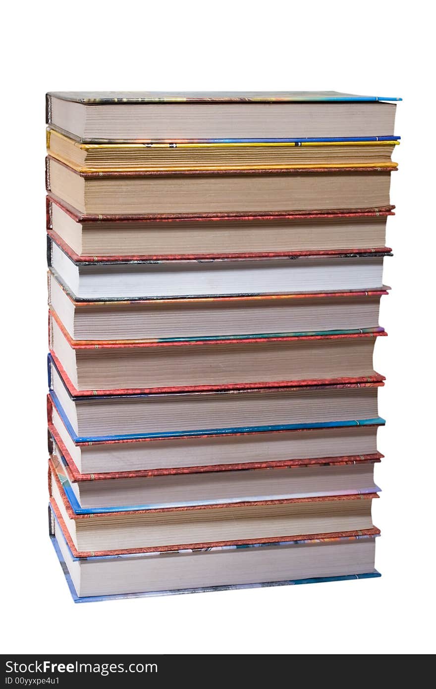 Dozen different books, stacked on a white background