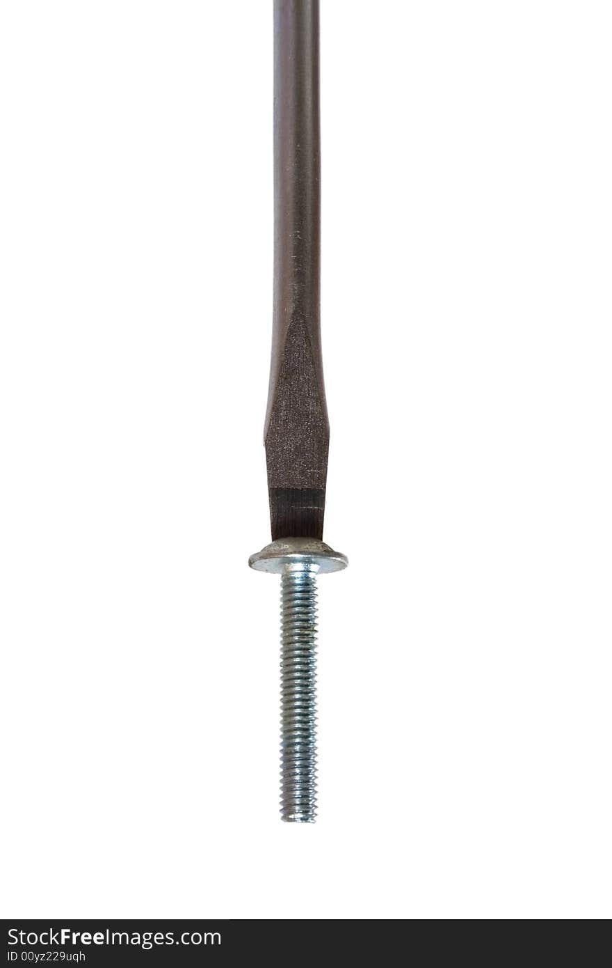 Screwdriver and screw on a white background