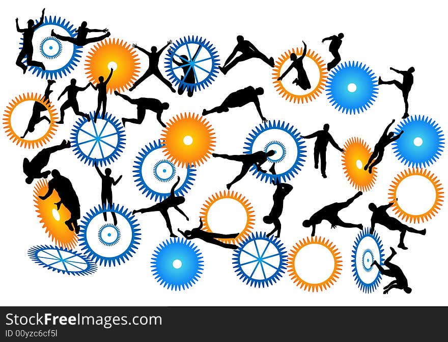 Illustration of acrobats, blue, orange, black