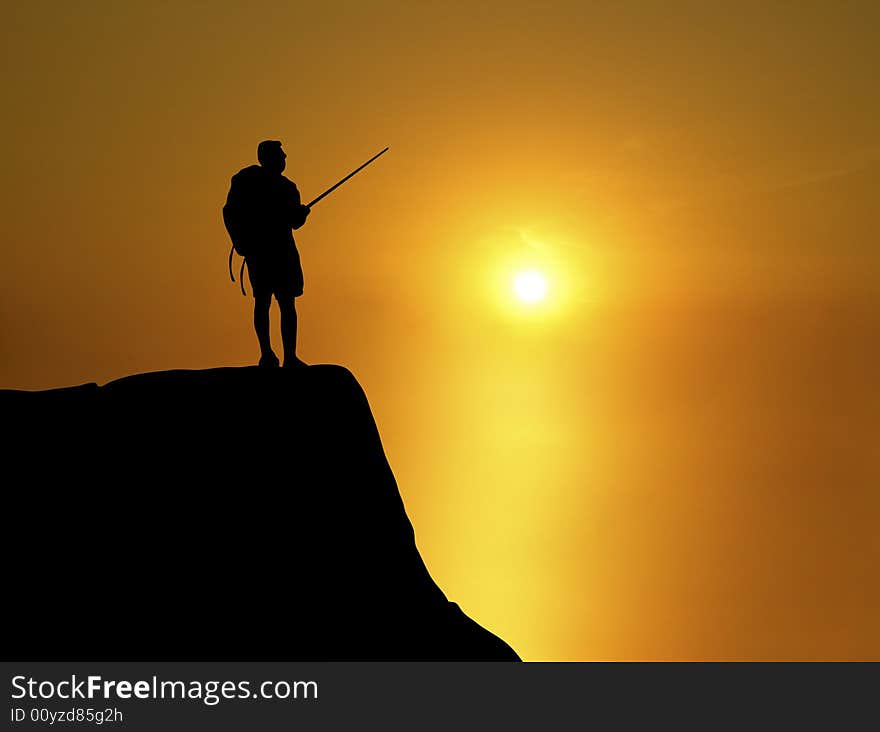 Illustration of backpacker on ridge watching sunset. Illustration of backpacker on ridge watching sunset