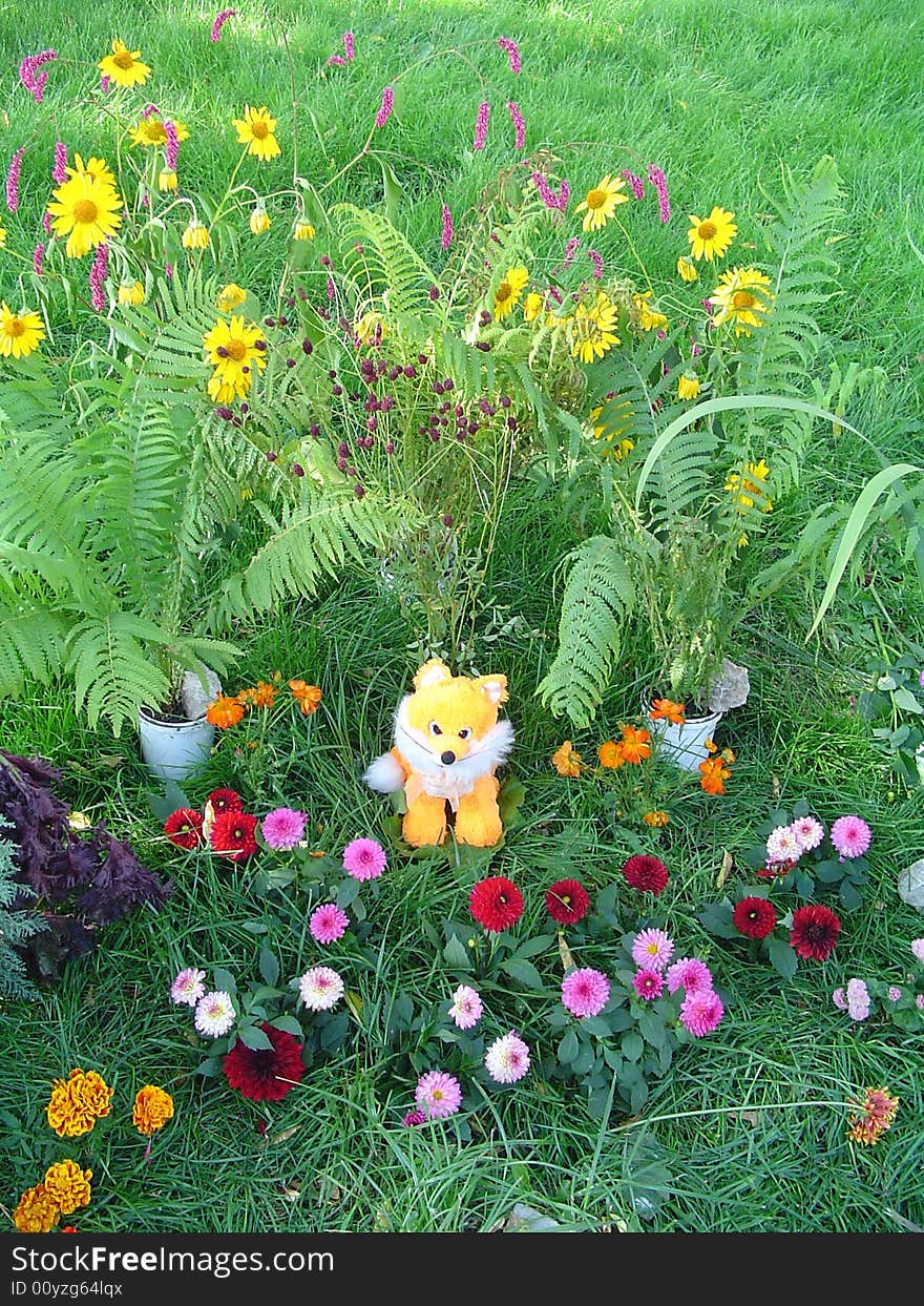 Fun toy young fox on a flower glade