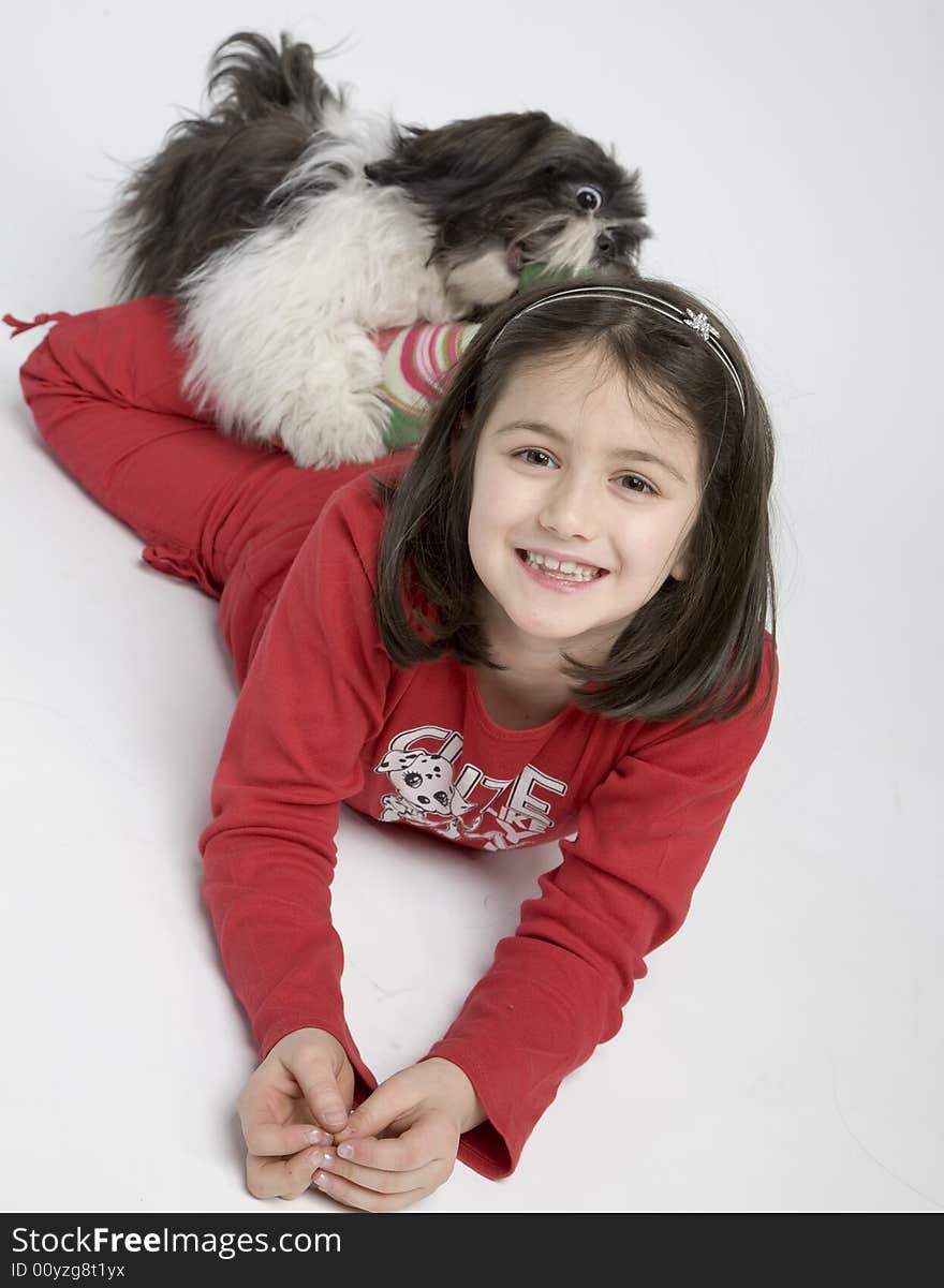 Child with dog pet