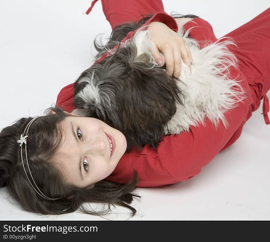 Child with dog pet