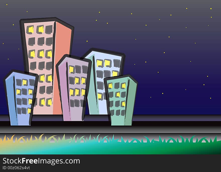 A Cartoon Illustration City View at Night (II). A Cartoon Illustration City View at Night (II)