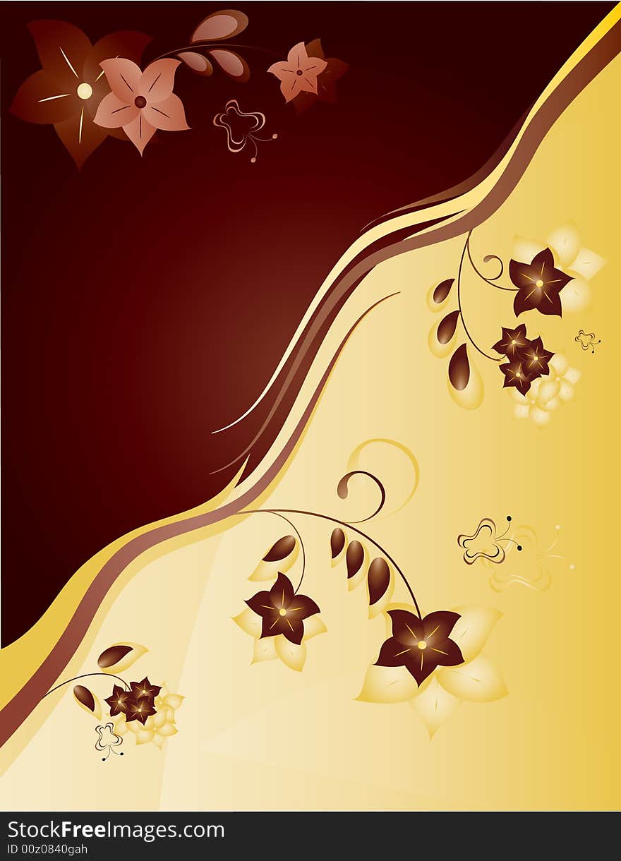 Vector illustration of brown and yellow background with flowers and butterflies