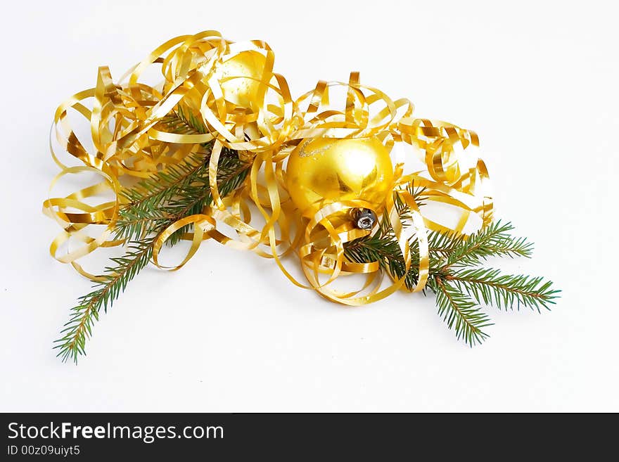 Christmas decoration with golden ball and ribbon