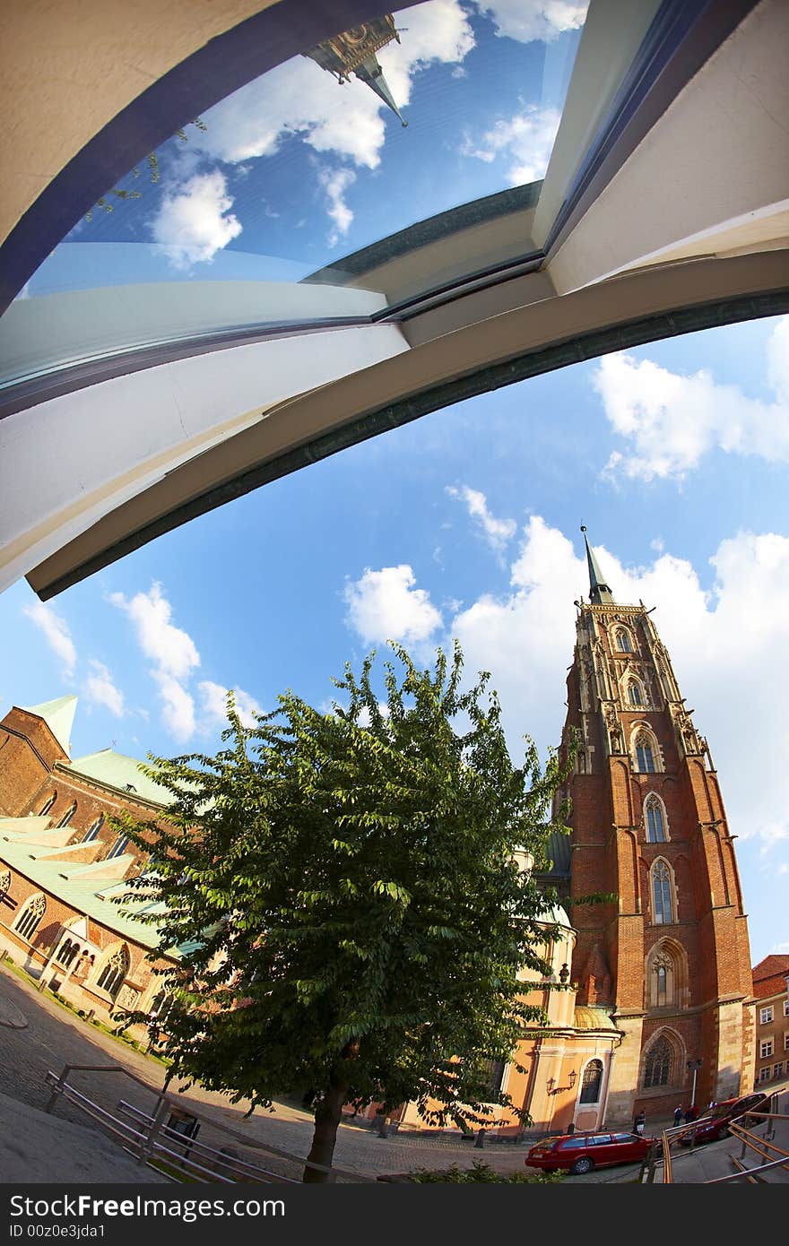 Fisheye view of Great Cathedral in Wroclaw, Poland